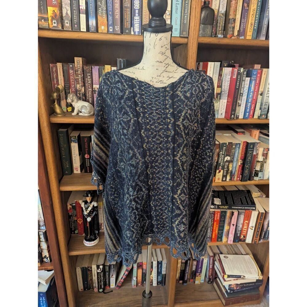 Free People Women's Large Black Multi Wool Cap Fair Isle Pullover Sweater Cape